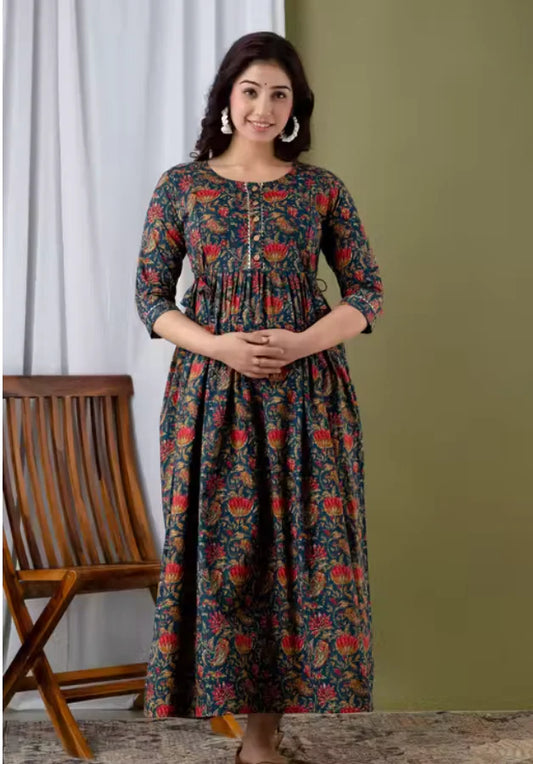 Pure Cotton Printed Maternity & Feeding Gown