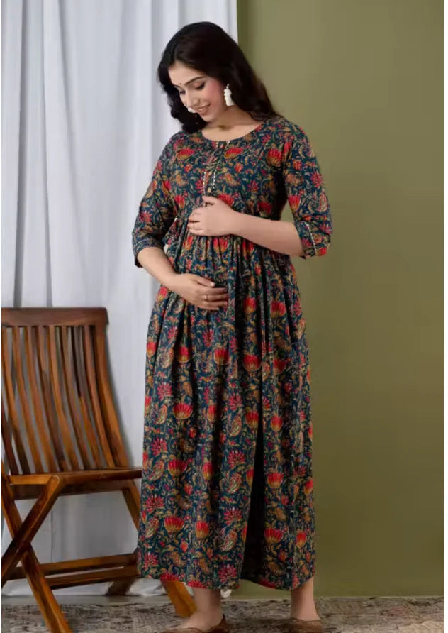 Pure Cotton Printed Maternity & Feeding Gown