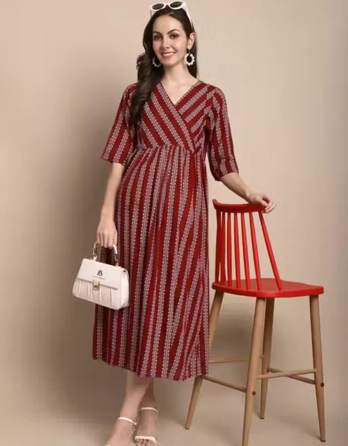 Maroon Cotton Maternity & Feeding Dress