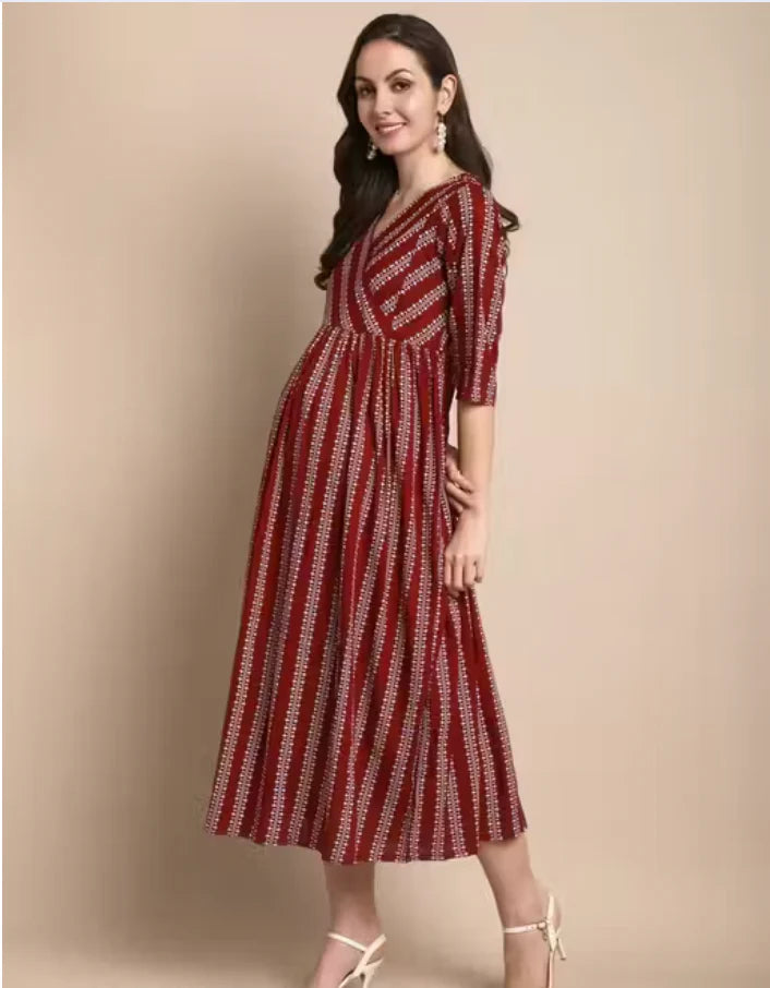 Maroon Cotton Maternity & Feeding Dress