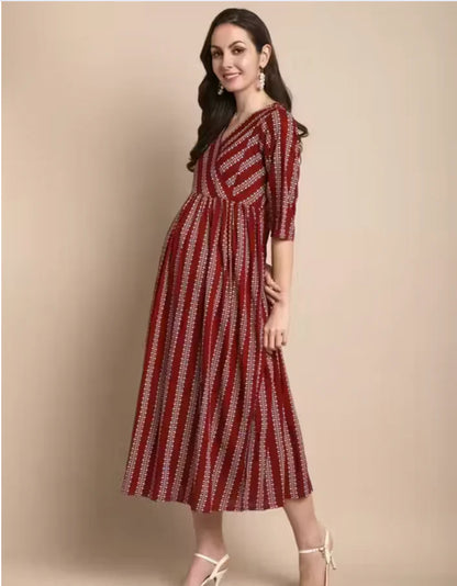 Maroon Cotton Maternity & Feeding Dress